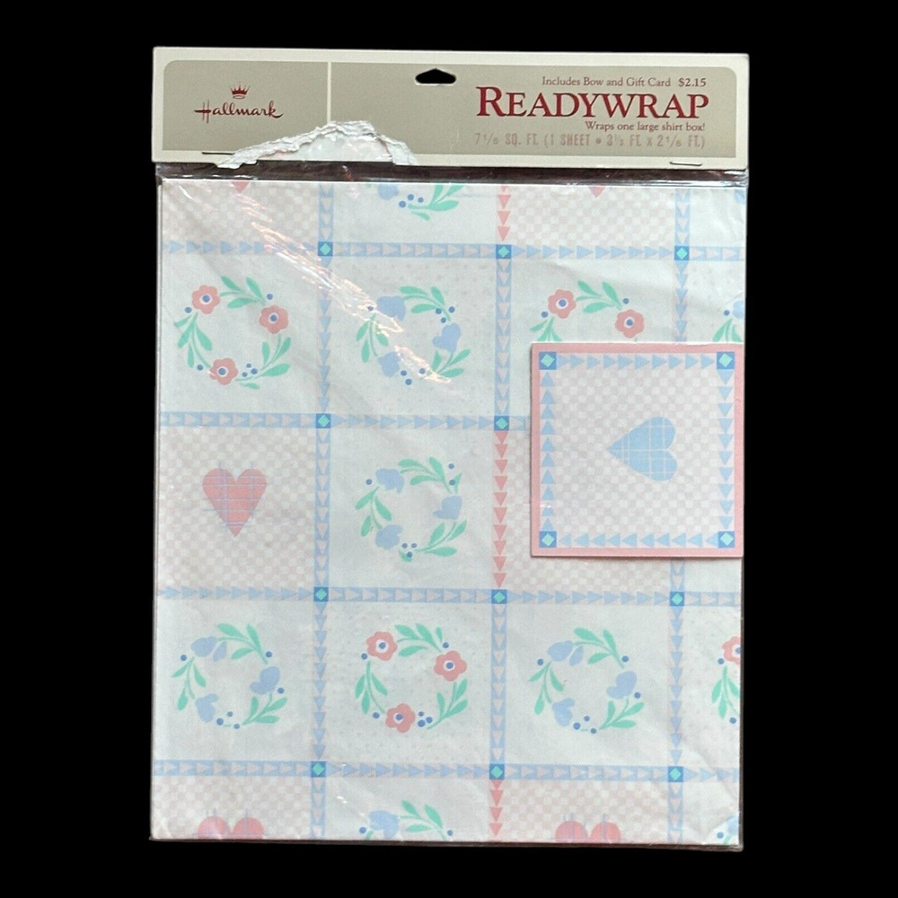 Hallmark Readywrap Country Quilted Wreath (1)‎ Sheet Wrapping Paper Bow Card VTG